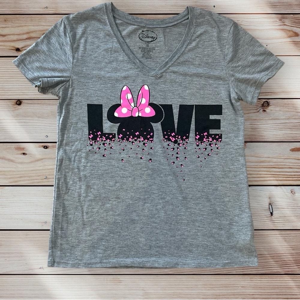 Disney Minnie Mouse LOVE Gray Pink Tee Shirt Juniors Medium 7 9